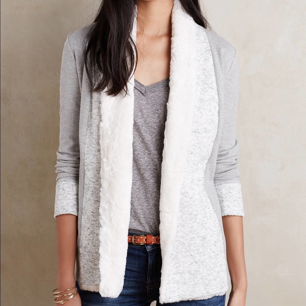 Anthropologie Light Gray and White Faux-Fur Trim Cardigan
